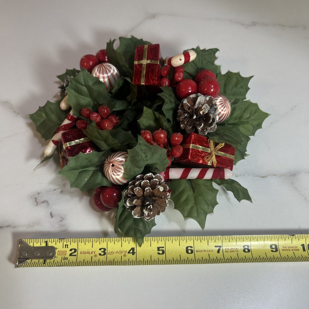 Vintage Christmas Candle Wreath Plastic Satin Balls Candy Canes Pine Cones
